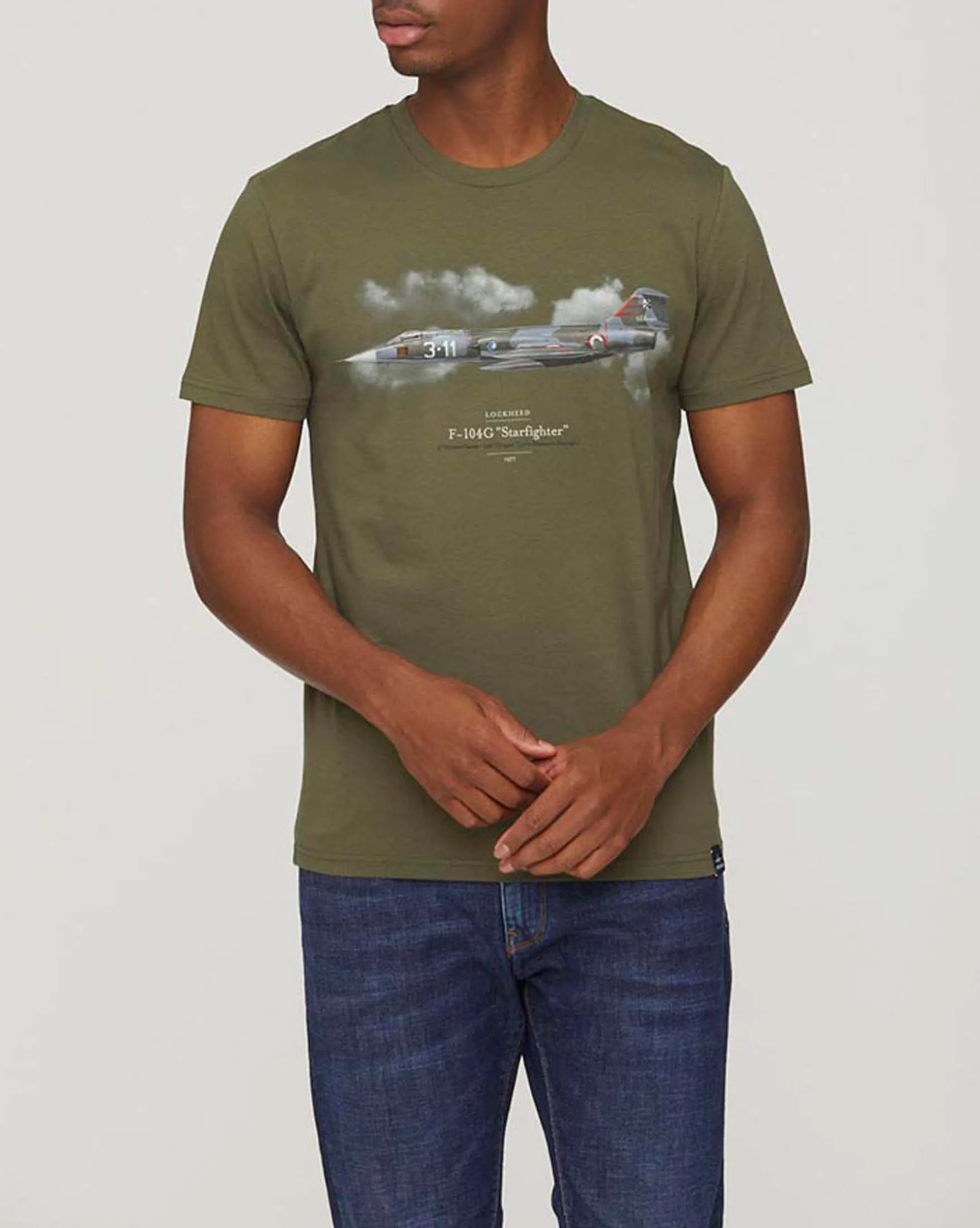 T-shirt verde militare mezza manica in puro cotone con stampa aereo e scritte davanti